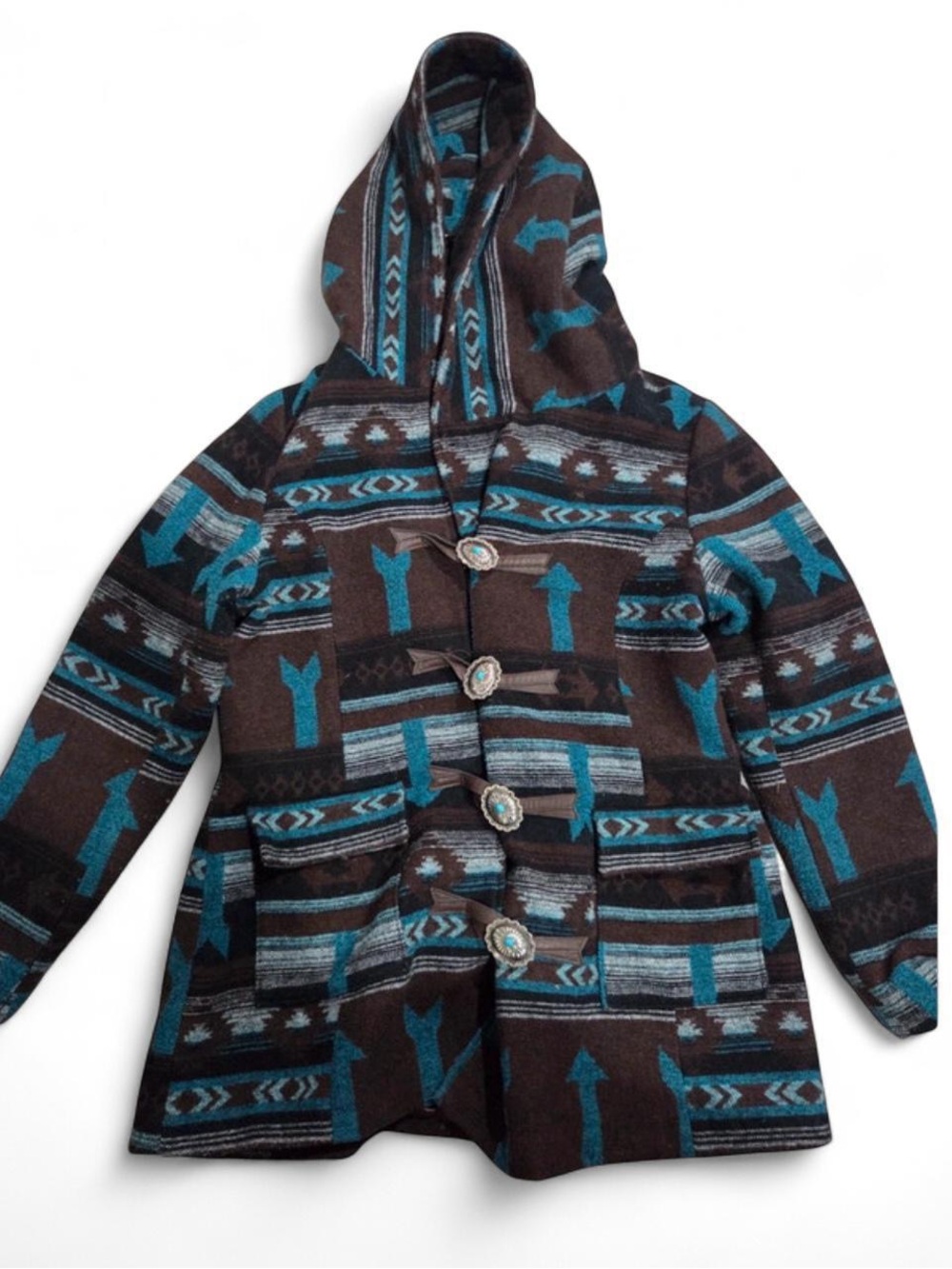Cruel Denim Women's Brown Turquoise Aztec Southwestern Hooded Tweed Coat L